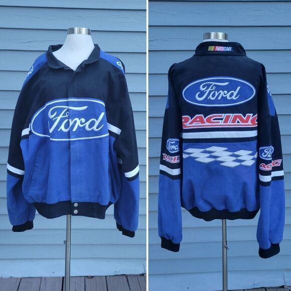 Vintage 90s y2k Ford Racing Nascar Blue Black Checkered Flag Bomber Jacket Coat - Picture 1 of 9